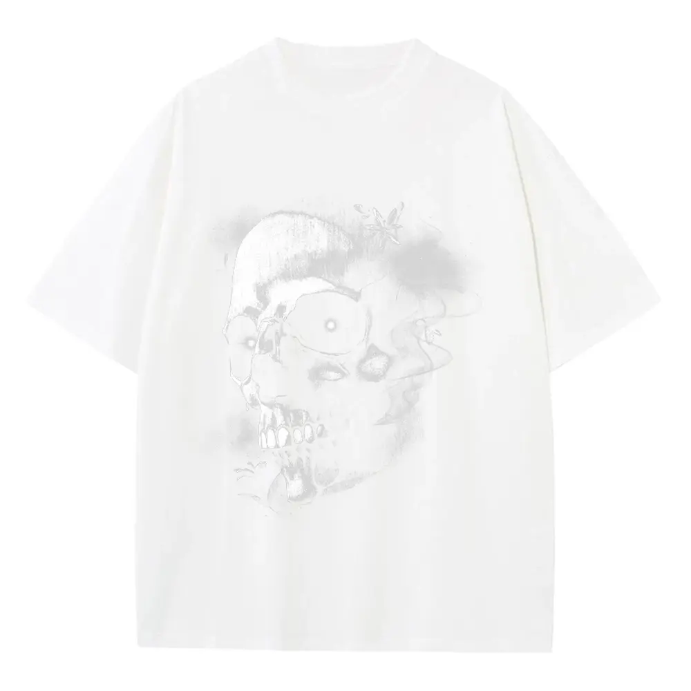 Monochrome Skull Nebula Heavyweight Oversized White Graphic Tee