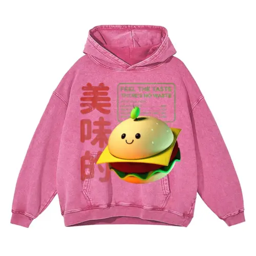 3D   Tasty Burger Acid Wash Oversized Pink Hoodie