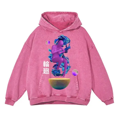 3D  Reborn Acid Wash Oversized Pink Hoodie