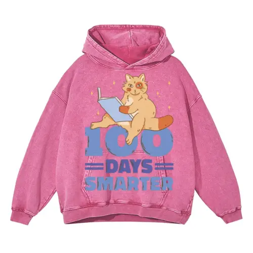 00 Days Smarter Cat Reading Acid Wash Oversized Pink Hoodie