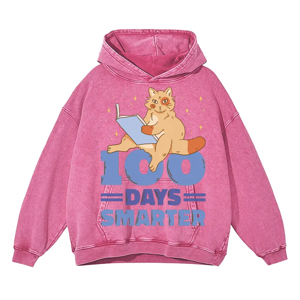 00 Days Smarter Cat Reading Acid Wash Oversized Pink Hoodie