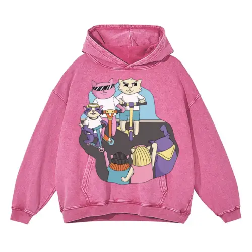 3 Scooter Cats Acid Wash Oversized Pink Hoodie