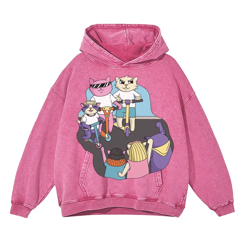 3 Scooter Cats Acid Wash Oversized Pink Hoodie