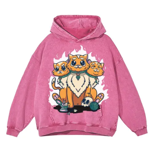 3 Head Cat Acid Wash Oversized Pink Hoodie
