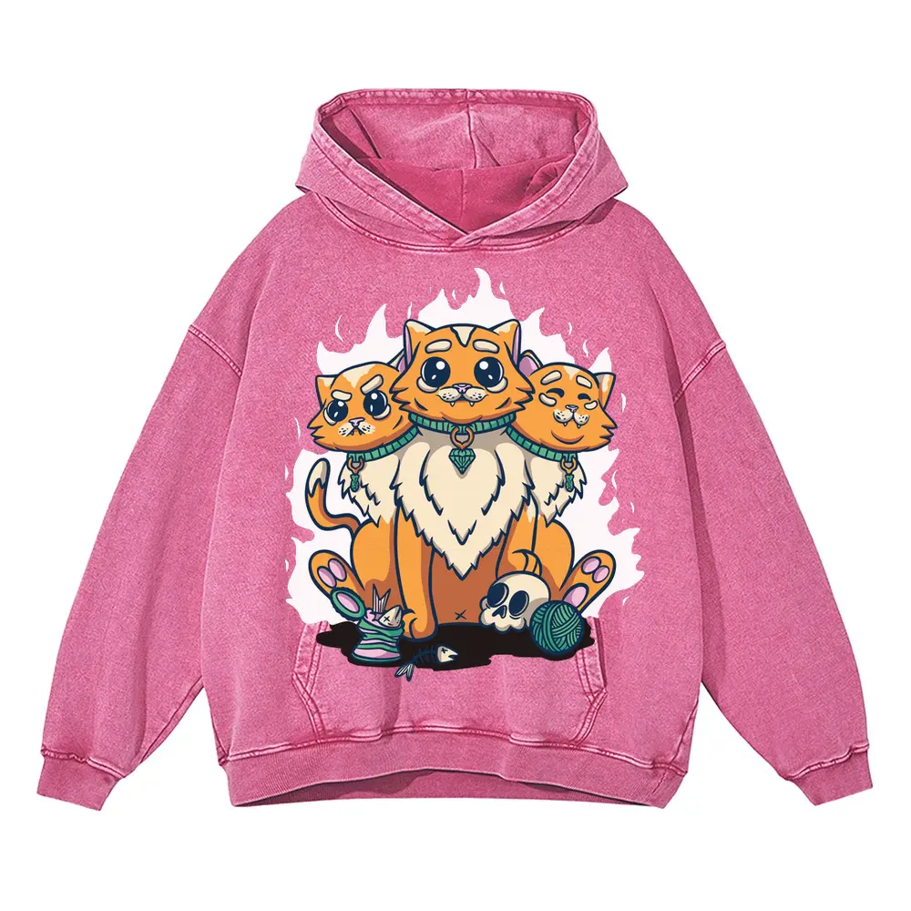 3 Head Cat Acid Wash Oversized Pink Hoodie