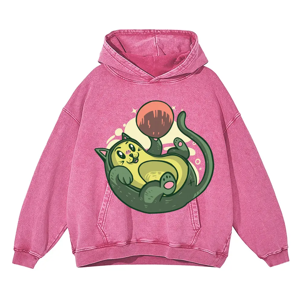 Avocado Cat Acid Wash Oversized Pink Hoodie