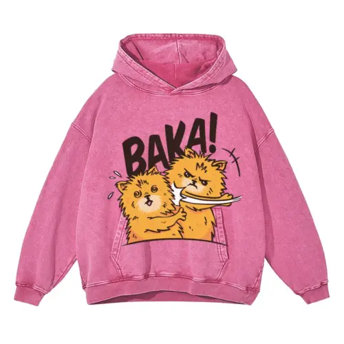 Baka Pomeranian Dog Acid Wash Oversized Pink Hoodie