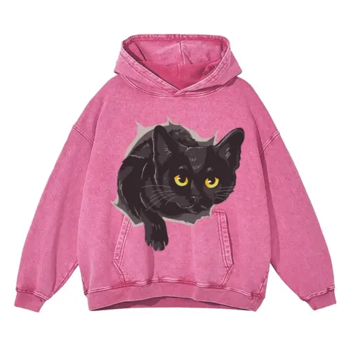 Black Cat Box Acid Wash Oversized Pink Hoodie