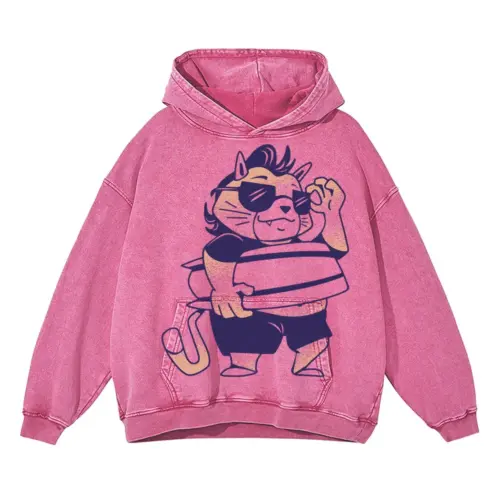 Surf Cat Cool Acid Wash Oversized Pink Hoodie
