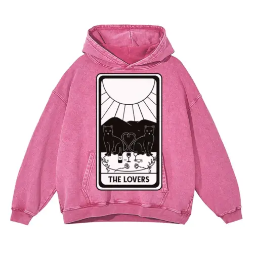 The Lovers Cat Tarot Card Acid Wash Oversized Pink Hoodie