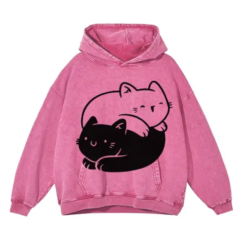 Ying Yang Cats Acid Wash Oversized Pink Hoodie