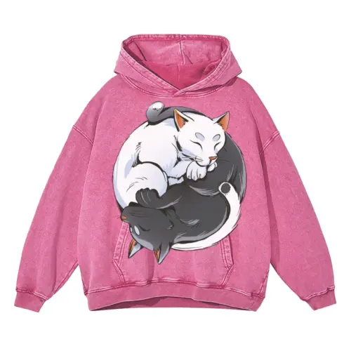 Zen Cats Ying Yang Acid Wash Oversized Pink Hoodie
