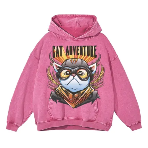 Adventure Cat Acid Wash Oversized Pink Hoodie