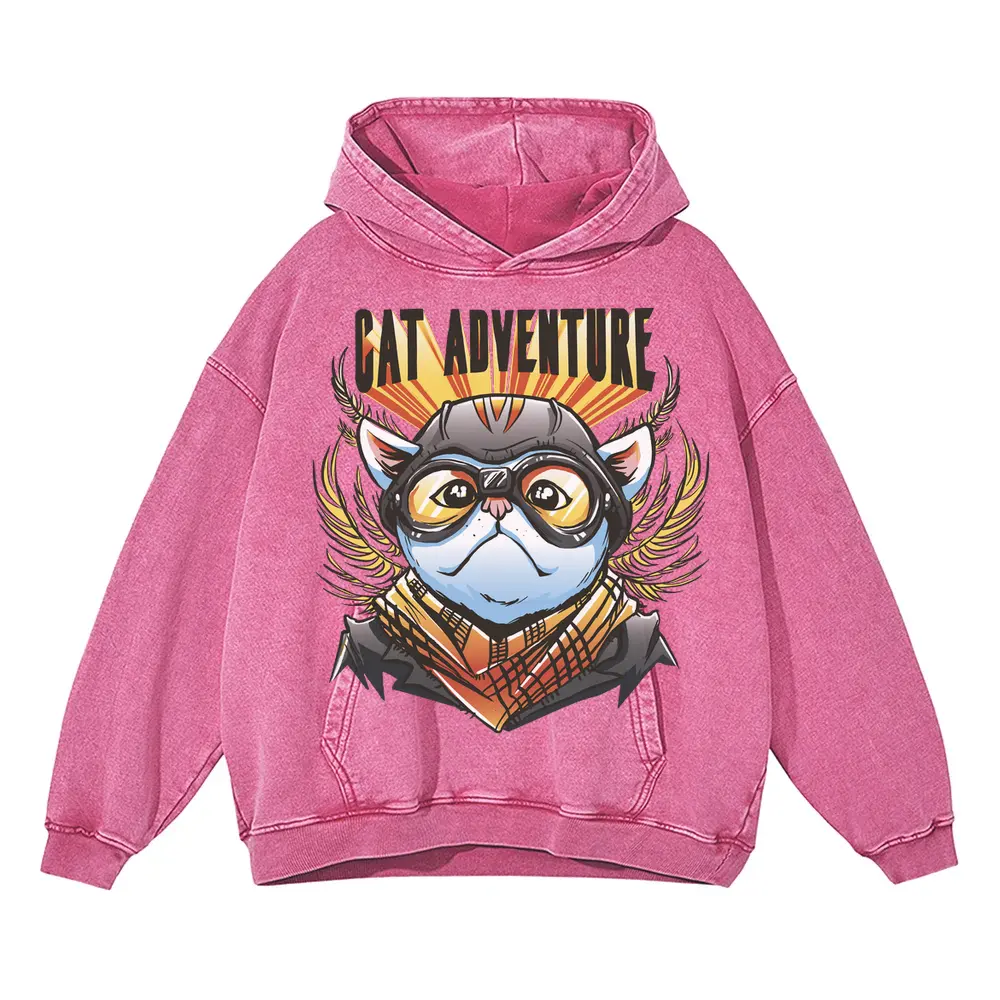 Adventure Cat Acid Wash Oversized Pink Hoodie