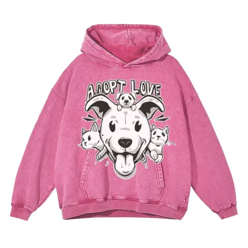 Adopt Cats Dogs Acid Wash Oversized Pink Hoodie