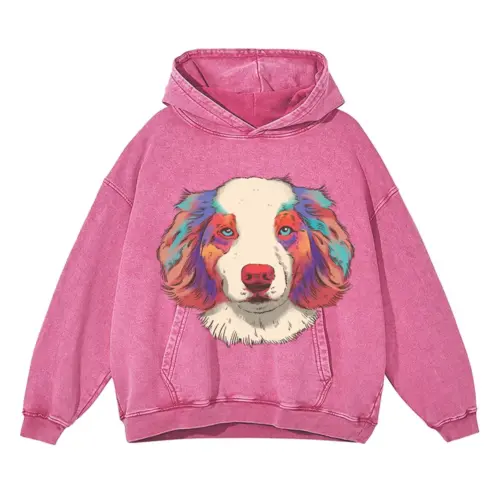 Australian Shepherd Watercolor Acid Wash Oversized Pink Hoodie