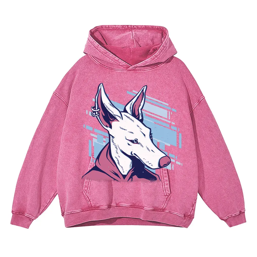 White Pink Dog Acid Wash Oversized Pink Hoodie