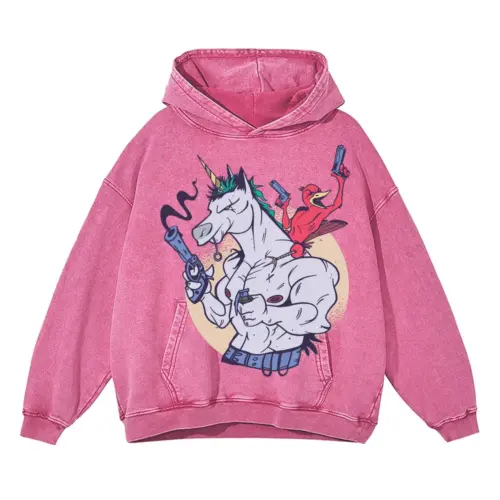 Bird Unicorn T Shit Acid Wash Oversized Pink Hoodie
