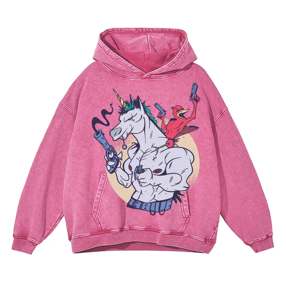 Bird Unicorn T Shit Acid Wash Oversized Pink Hoodie