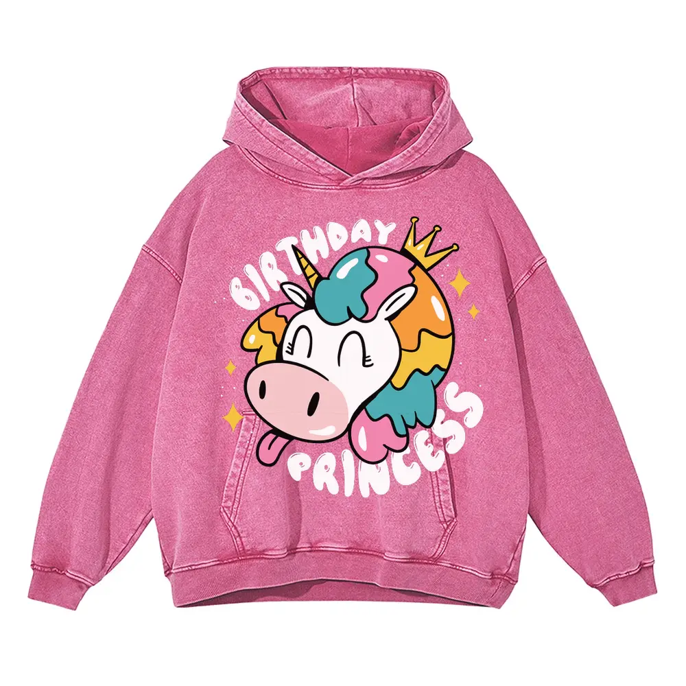 Birthday Princess Acid Wash Oversized Pink Hoodie