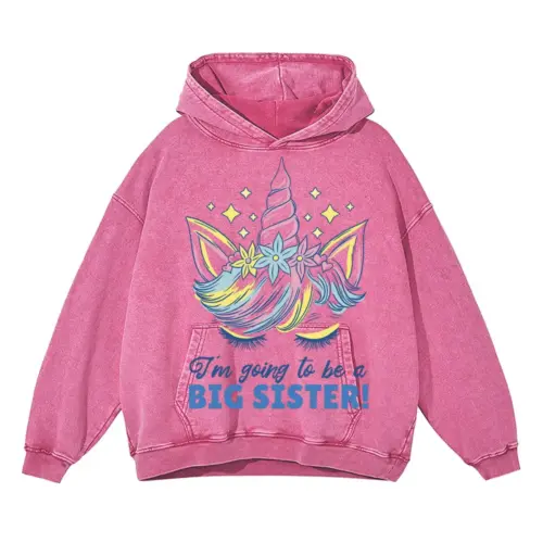 Big Sister Unicorn Acid Wash Oversized Pink Hoodie