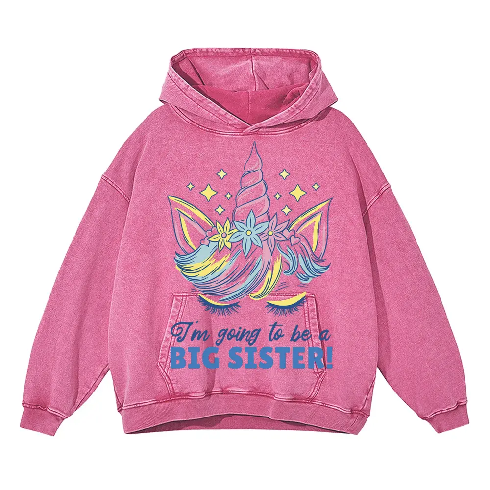Big Sister Unicorn Acid Wash Oversized Pink Hoodie