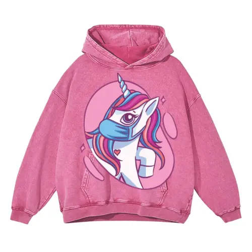 Cute Mask Unicorn Acid Wash Oversized Pink Hoodie