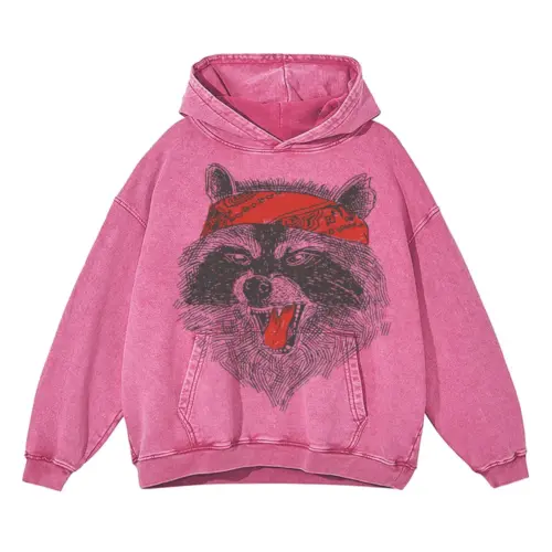 Angryraccoonwithbandana Acid Wash Oversized Pink Hoodie