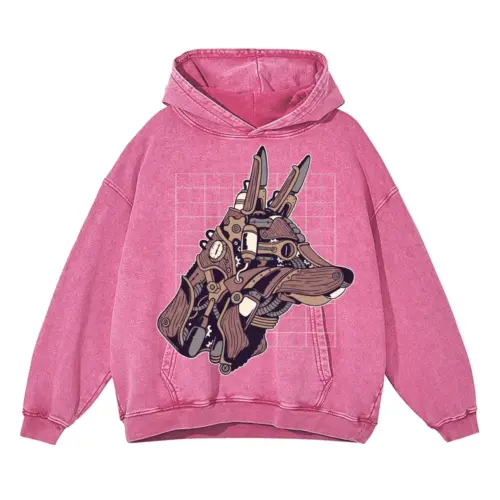 Wolf Steampunk Acid Wash Oversized Pink Hoodie