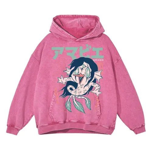 Amabie Yokai Acid Wash Oversized Pink Hoodie