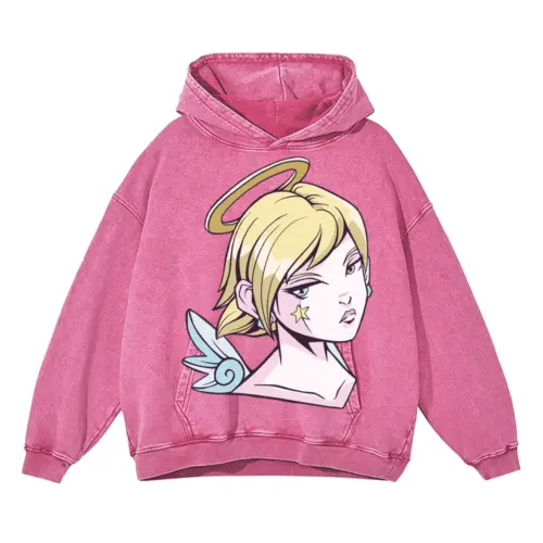 Angel Girl Anime Acid Wash Oversized Pink Hoodie