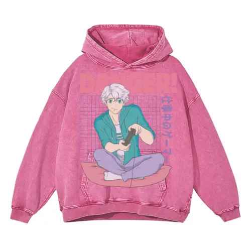 Anime Boy Danger Acid Wash Oversized Pink Hoodie