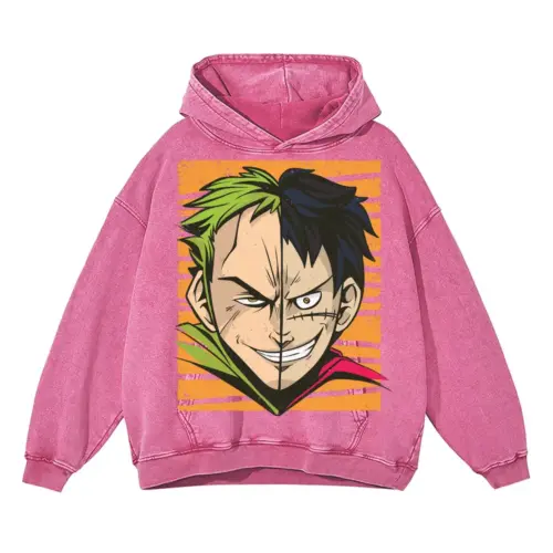 Anime Characters Faces Off Acid Wash Oversized Pink Hoodie