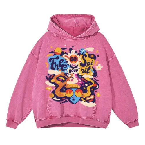 60 S Hippie Acid Wash Oversized Pink Hoodie