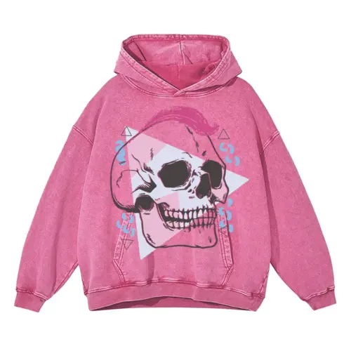 90 S Skull Design Acid Wash Oversized Pink Hoodie