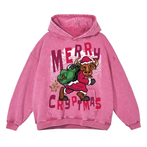 Bitcoin Santa Bull Acid Wash Oversized Pink Hoodie