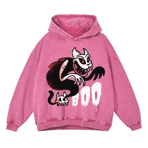 Boo Ghost Cat Acid Wash Oversized Pink Hoodie