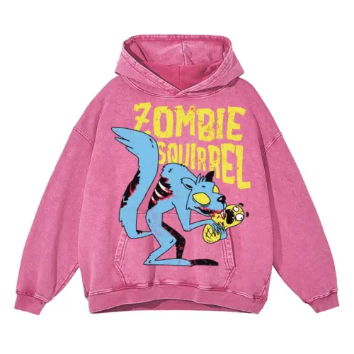 Zombie Squirrel Acid Wash Oversized Pink Hoodie