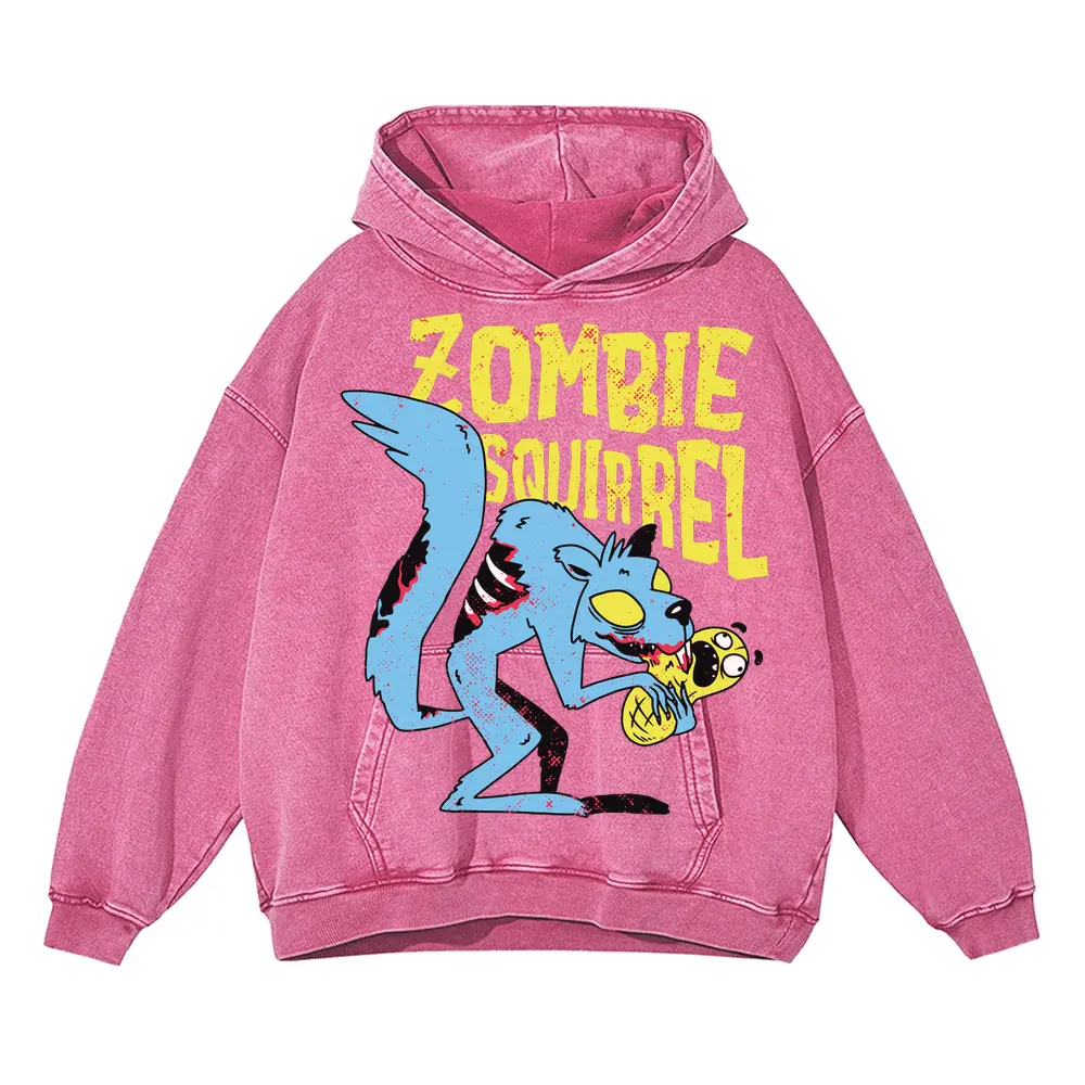 Zombie Squirrel Acid Wash Oversized Pink Hoodie