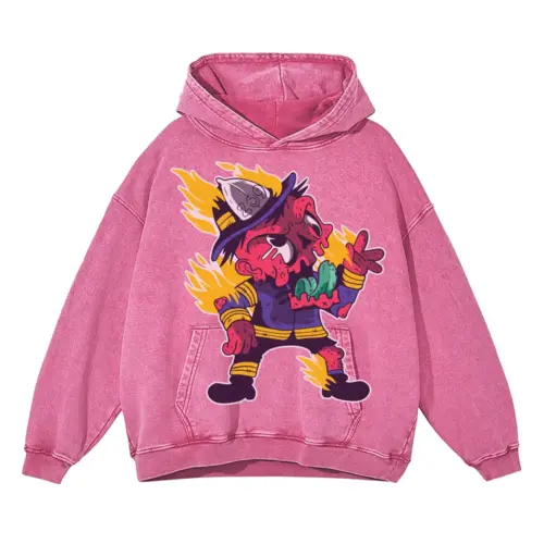 Zombie Firefighter Acid Wash Oversized Pink Hoodie