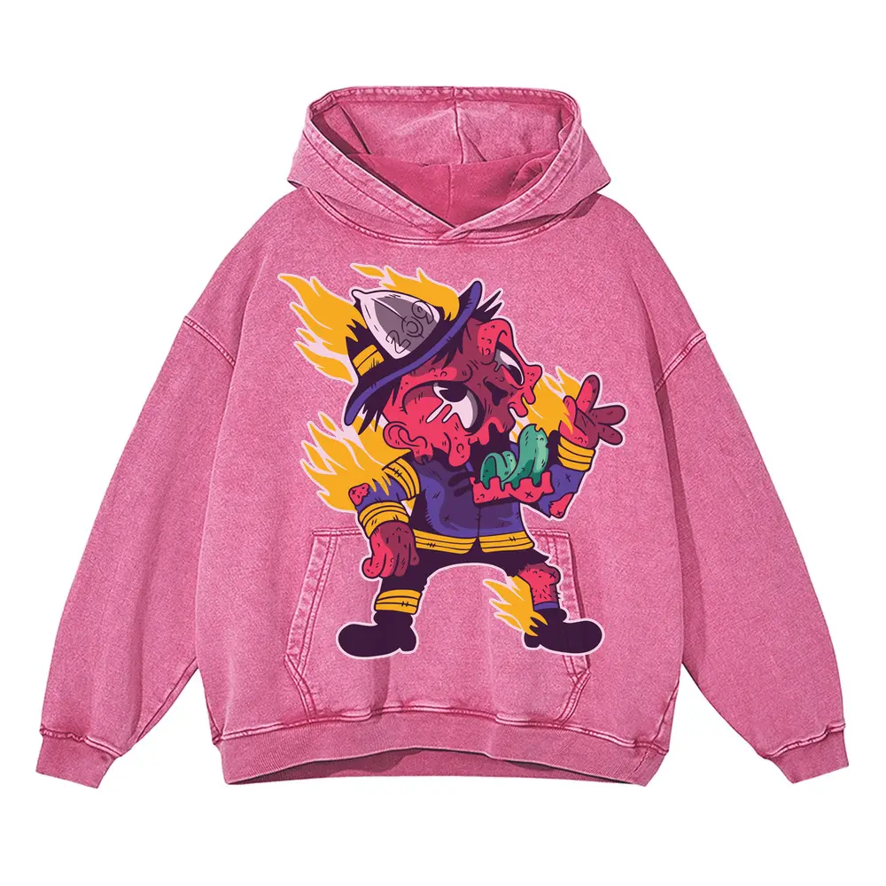 Zombie Firefighter Acid Wash Oversized Pink Hoodie