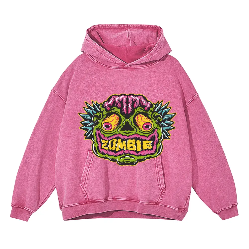 Zombie Face Acid Wash Oversized Pink Hoodie