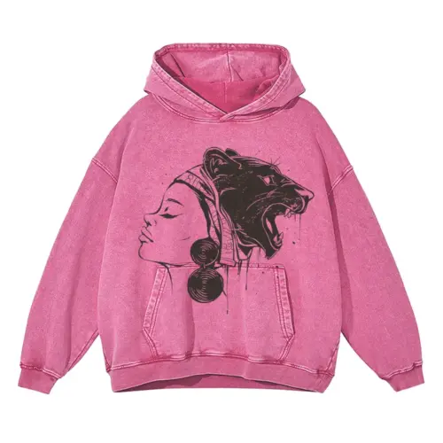 African Woman Lion Acid Wash Oversized Pink Hoodie