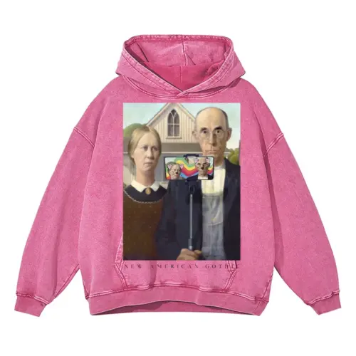 American Gothic Selfie Acid Wash Oversized Pink Hoodie