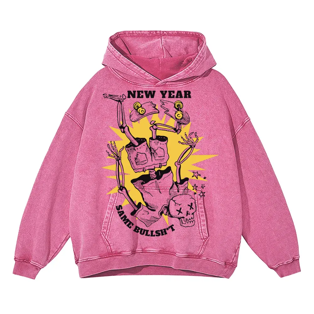 Anti New Year Same Bullshit Skeleton 2 T Acid Wash Oversized Pink Hoodie