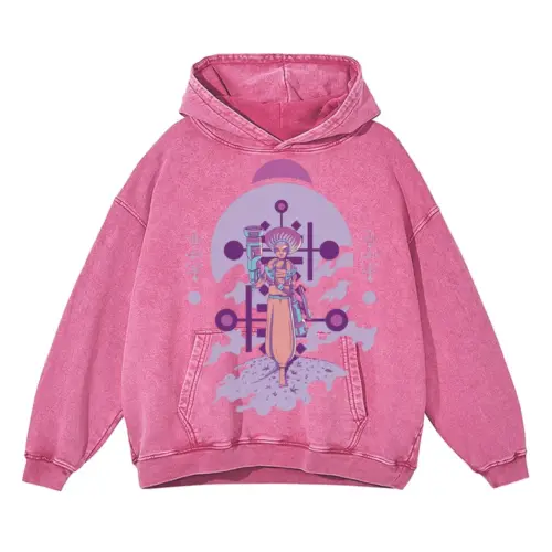 Alien Invasion D Acid Wash Oversized Pink Hoodie
