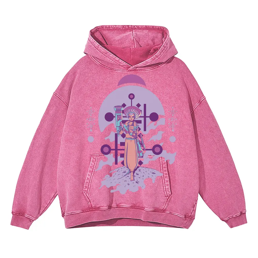 Alien Invasion D Acid Wash Oversized Pink Hoodie