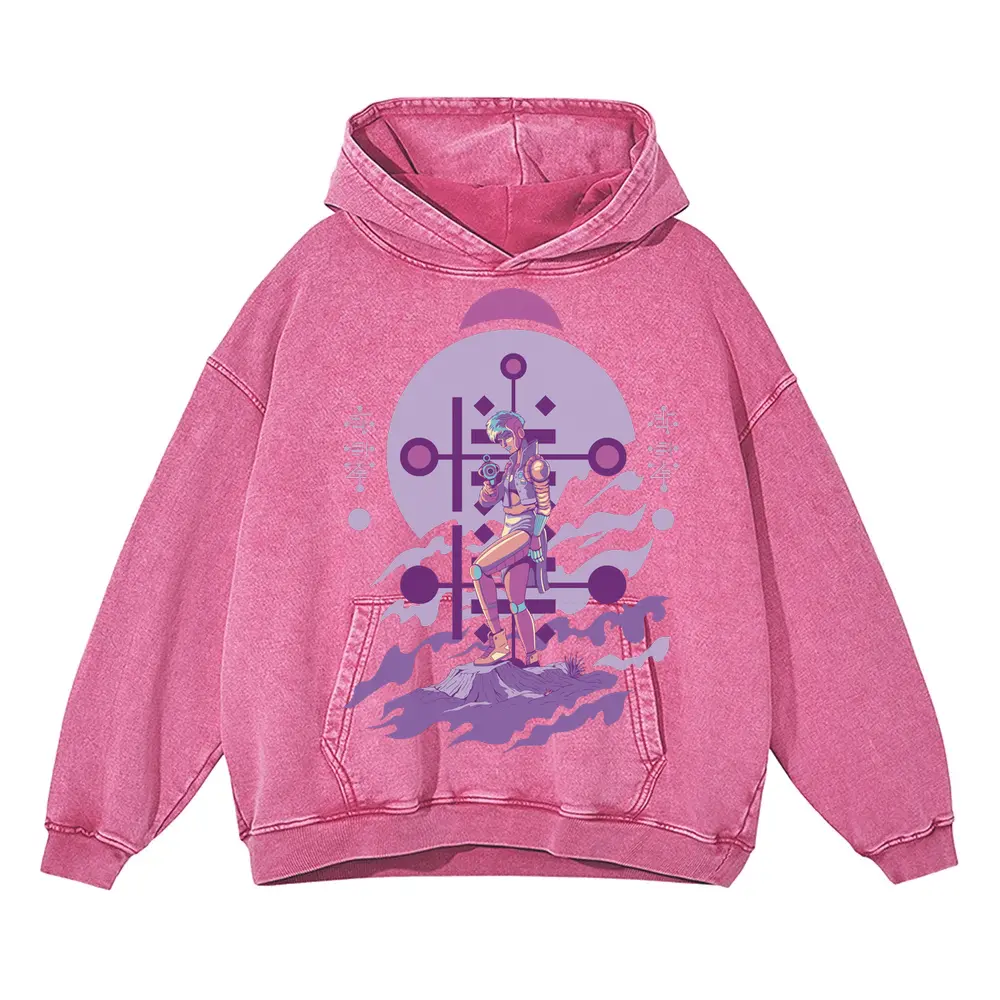 Alien Invasion F Acid Wash Oversized Pink Hoodie