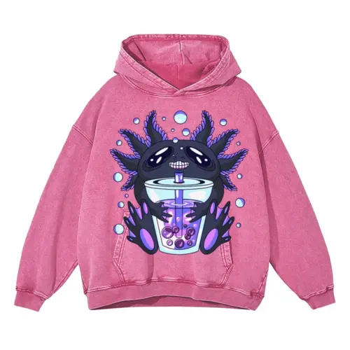 Axolotl Bouble Tea Acid Wash Oversized Pink Hoodie