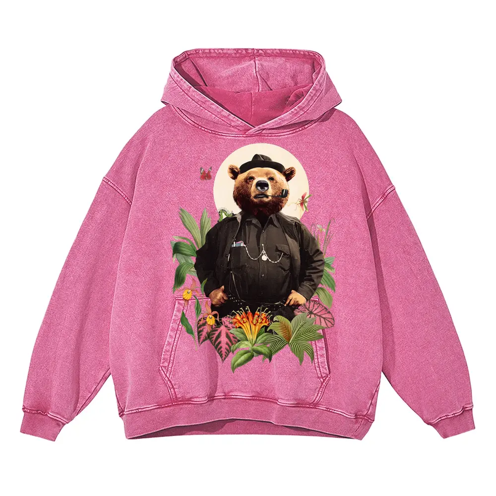 Bear Acid Wash Oversized Pink Hoodie